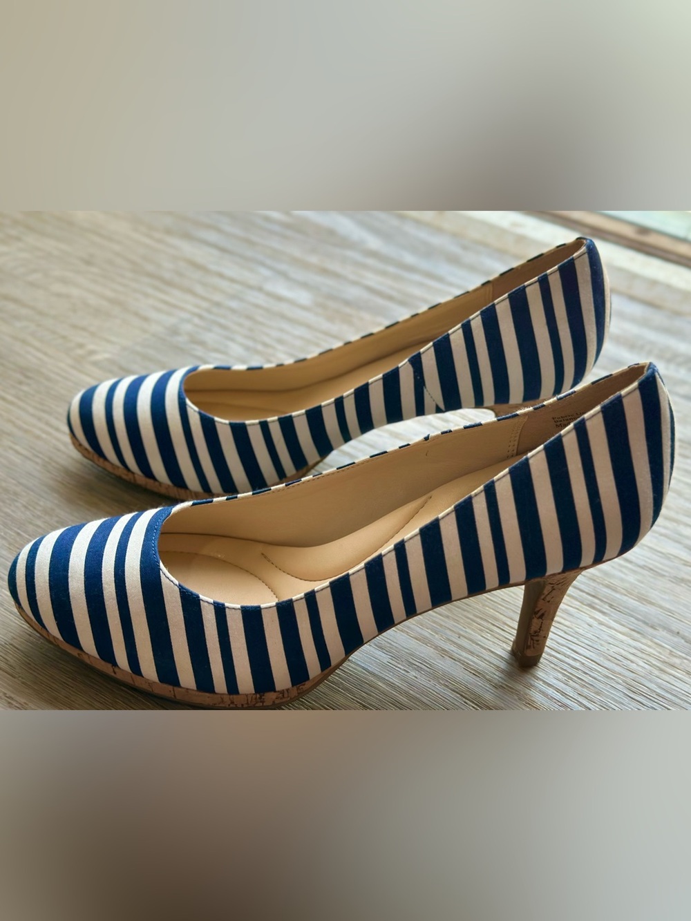 Kelly and Katie Navy Striped Nautical pumps w/ cork stiletto heels